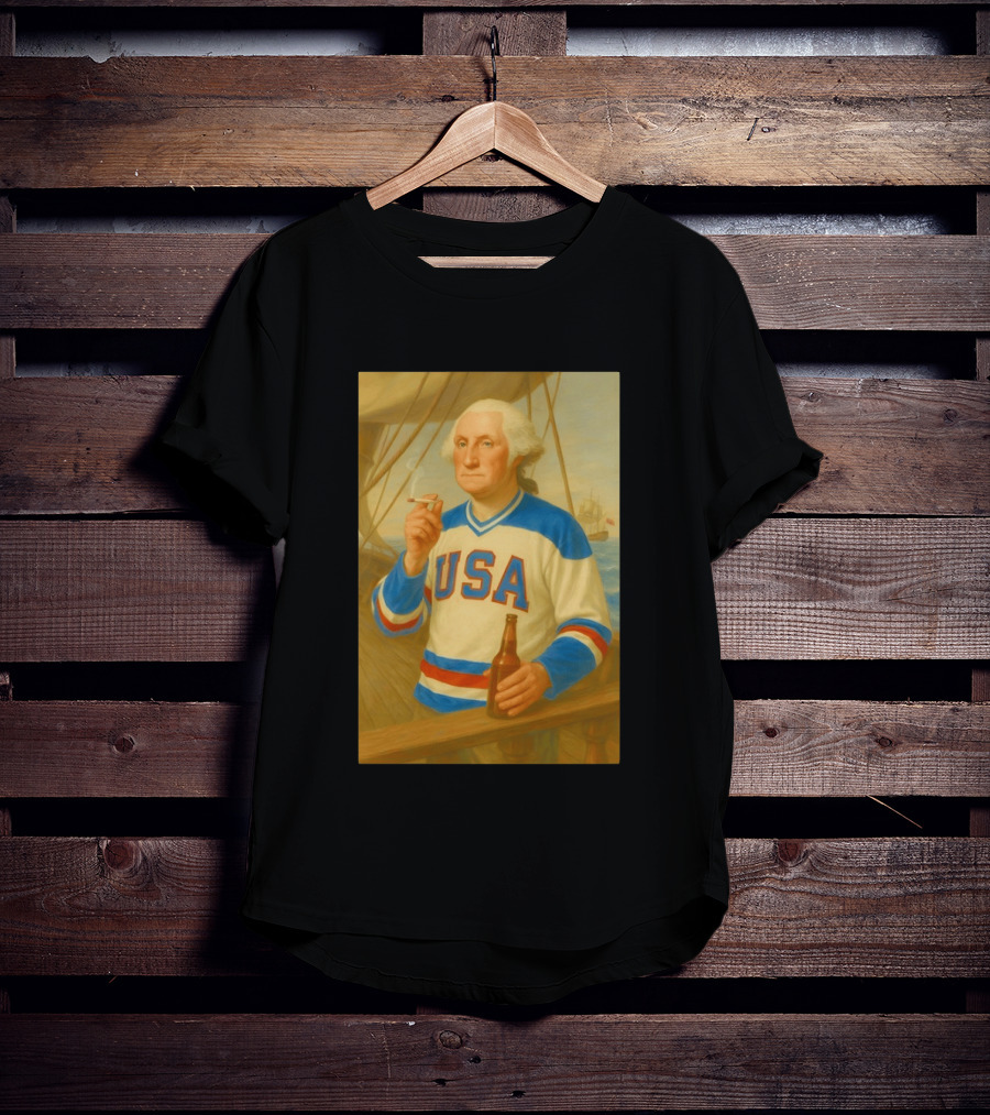USA Hockey Jersey Wearing George Washington Smoking Holding Beer T-Shirt