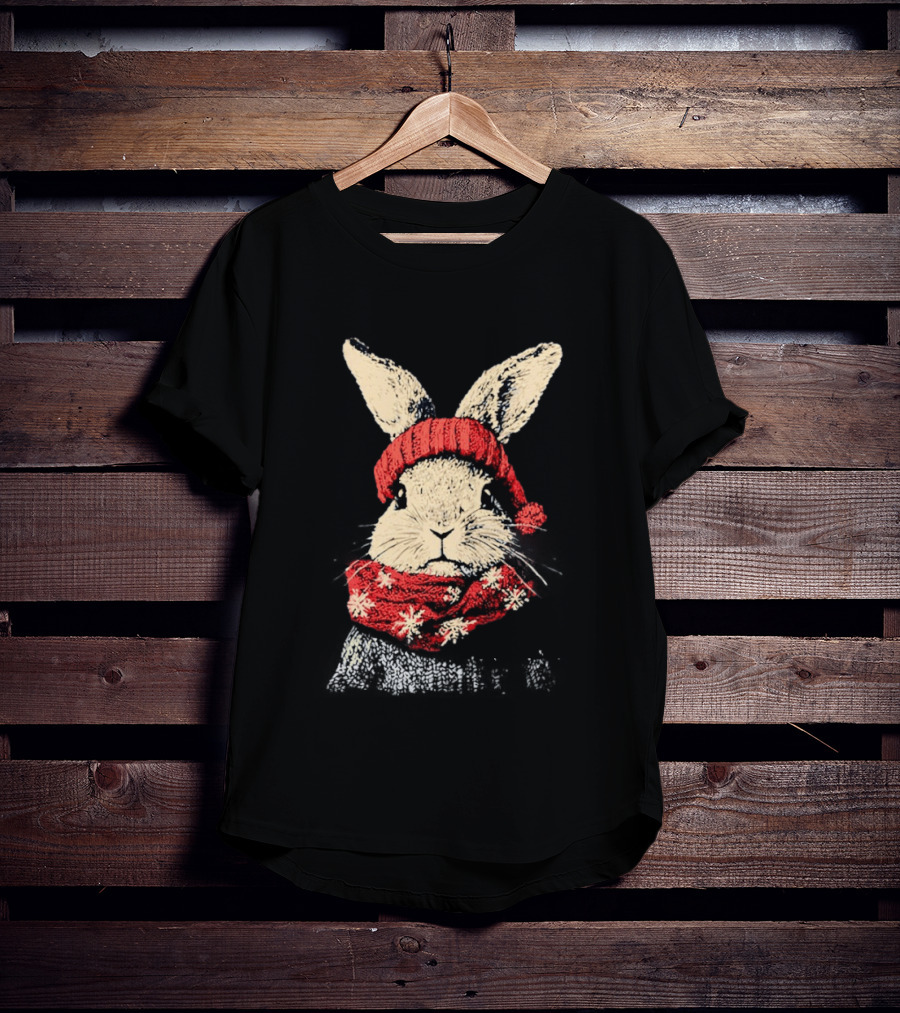 Bunny Rabbit In Red Knit Hat With Snowflake Scarf Winter T-Shirt