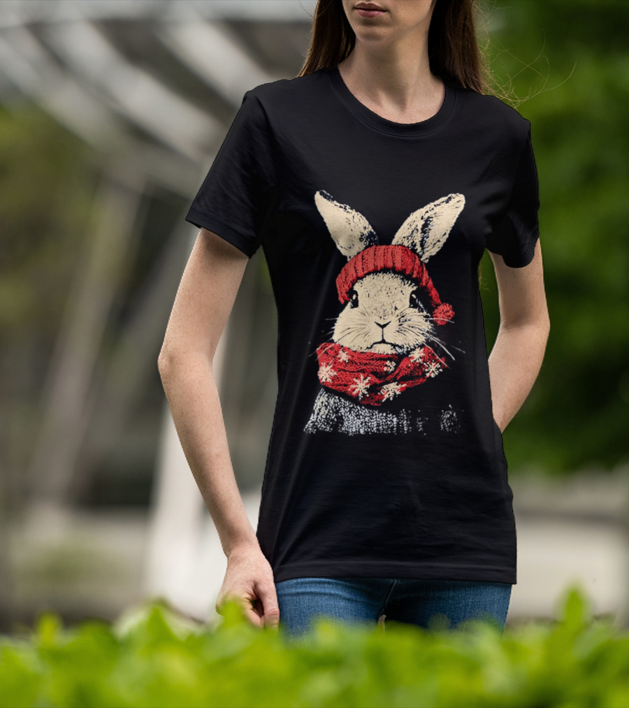 Bunny Rabbit In Red Knit Hat With Snowflake Scarf Winter T-Shirt