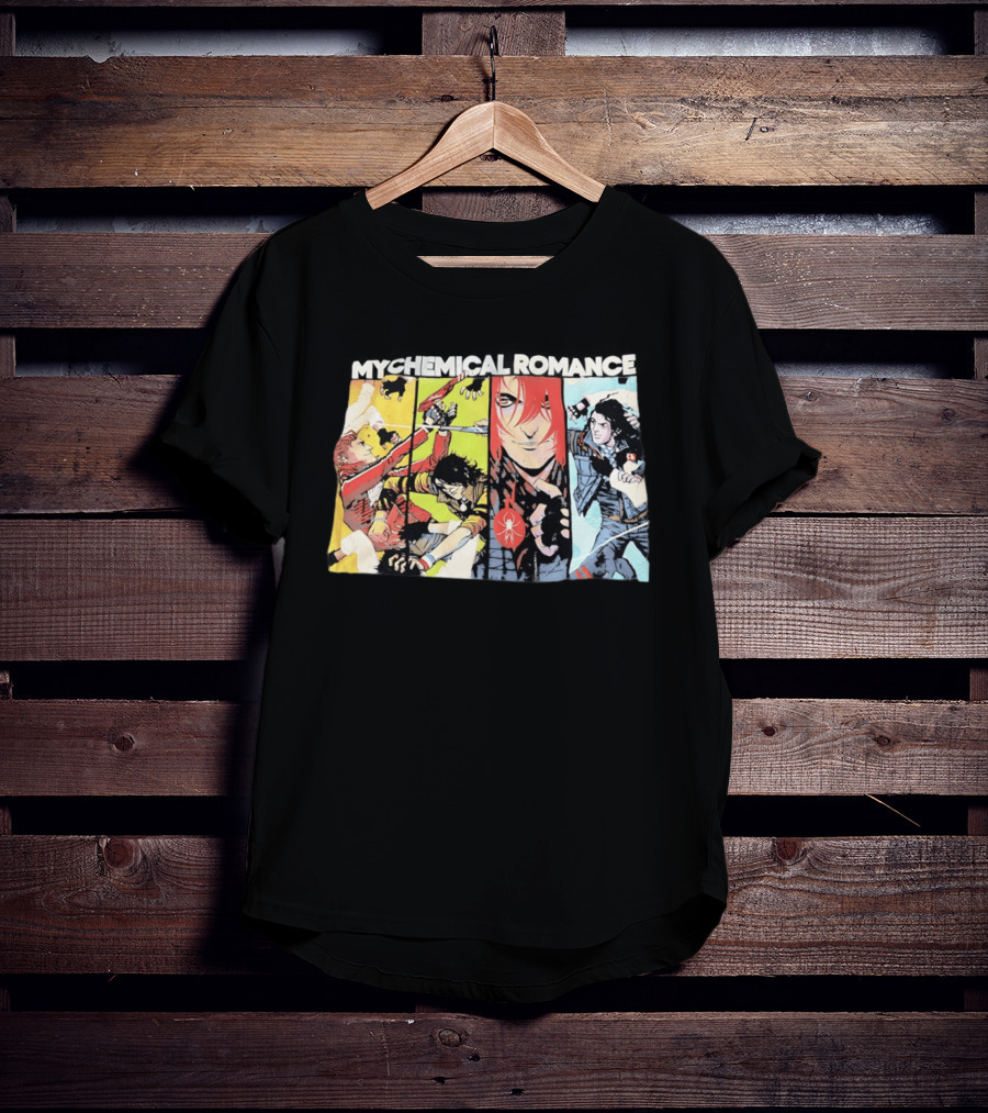 My Chemical Romance Comic Book Characters And Spider Symbol Vibrant Panel T-Shirt