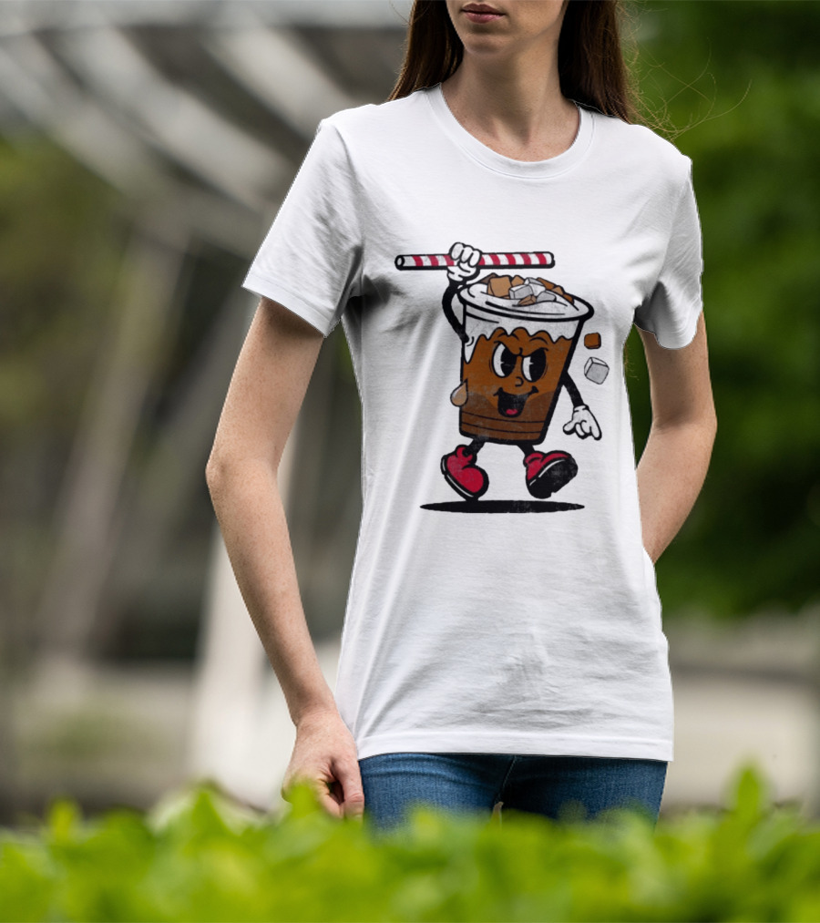 Reading Iced Coffees Cartoon Cup Character Fun T-Shirt
