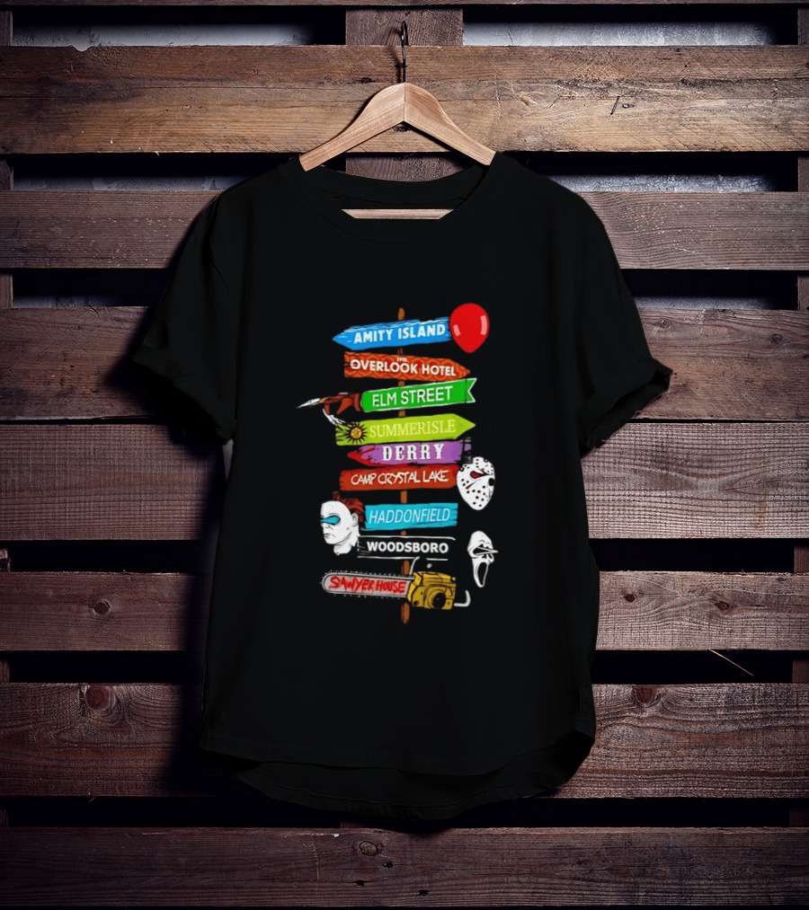 Amity Island Overlook Hotel Elm Street Summerisle Derry Camp Crystal Lake Haddonfield Woodsboro Sawyer House Horror Locations T-Shirt