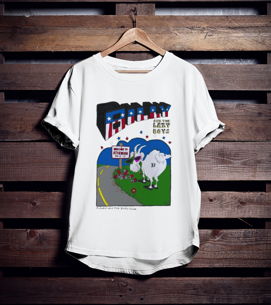 Billy And The Lazy Boys Athens GA Goat With Sunglasses Number 33 Welcome To Athens Sign T-Shirt
