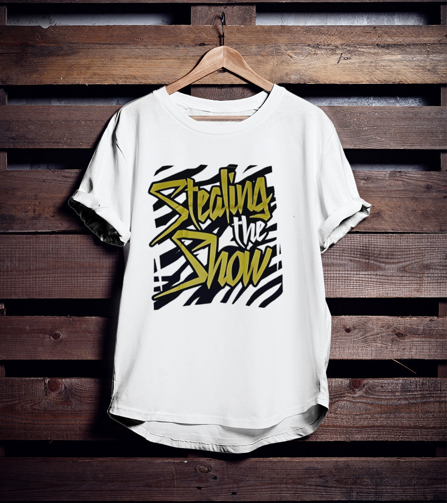 Stealing The Show Bold Graffiti Style Text On Striped T-Shirt