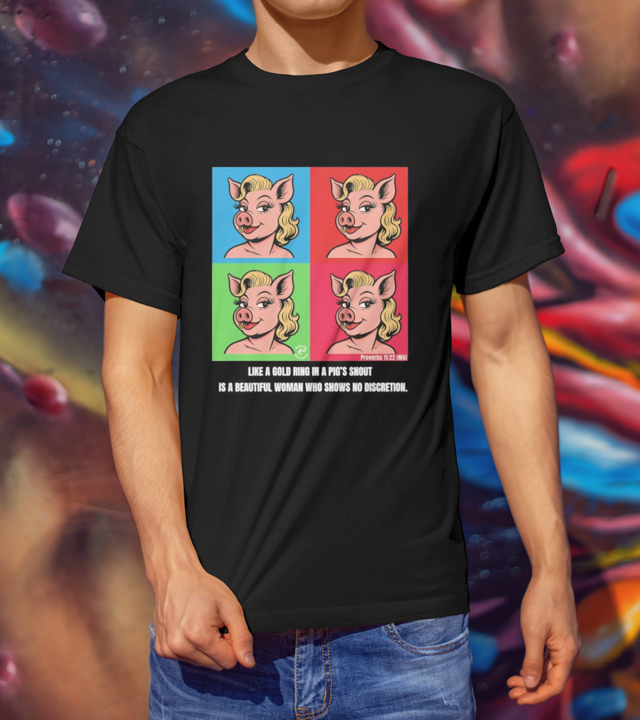 Proverbs 11:22 NIV Pig Pop Art Style Blonde Pig Panels T-Shirt
