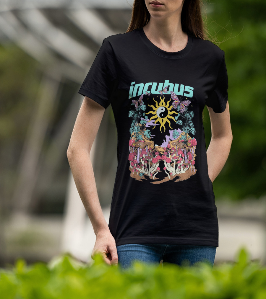 Incubus Yin Yang Sun With Mushrooms And Butterflies T-Shirt