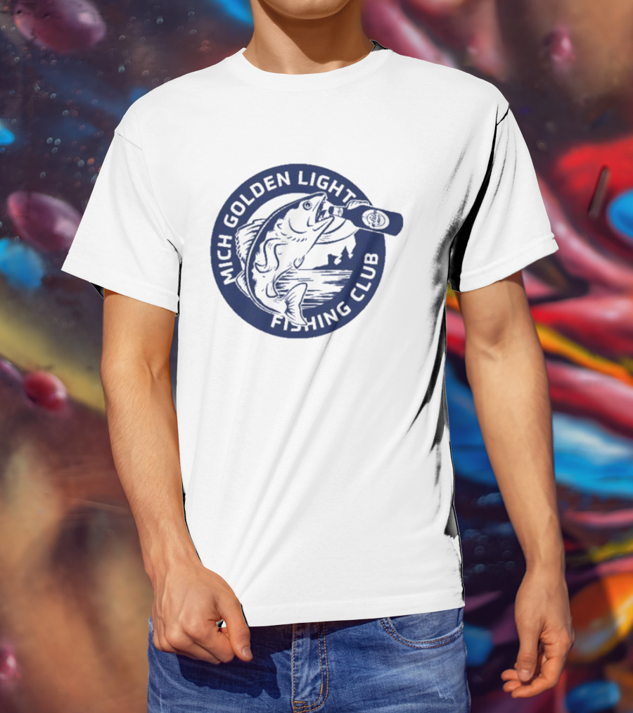 Mich Golden Light Fishing Club Logo With Fish And Bottle T-Shirt
