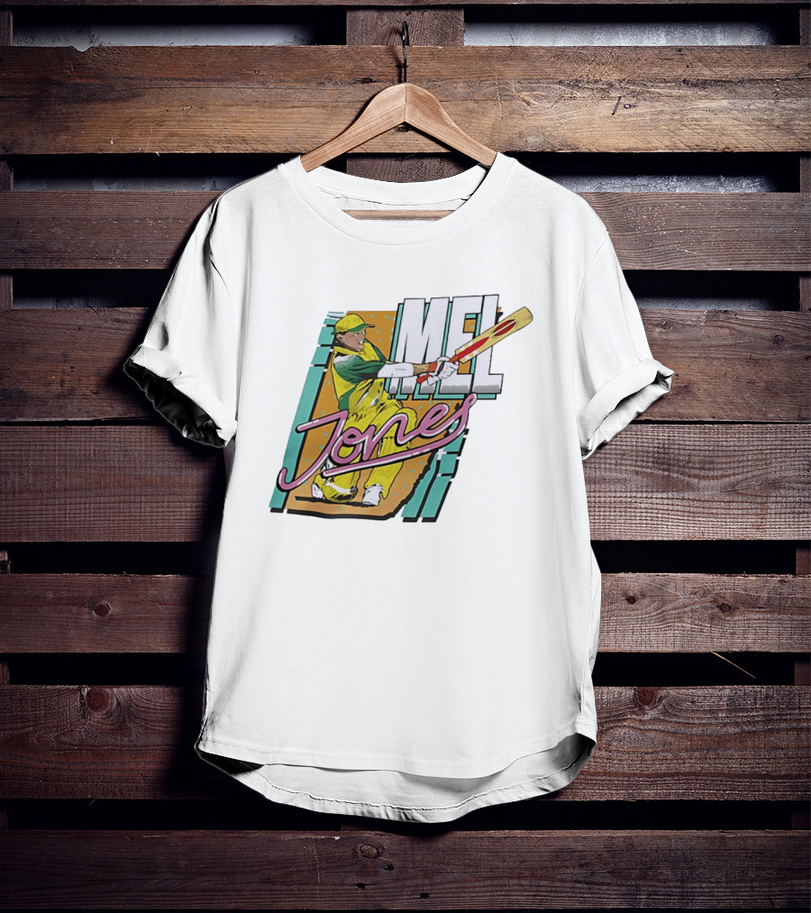 Mel Jones Cricket Caricature Batting Legend In Green And Gold T-Shirt