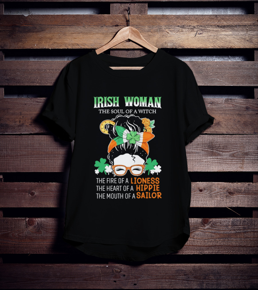Irish Woman The Soul Of A Witch The Fire Of A Lioness The Heart Of A Hippie The Mouth Of A Sailor Shamrock Glasses Bandana T-Shirt