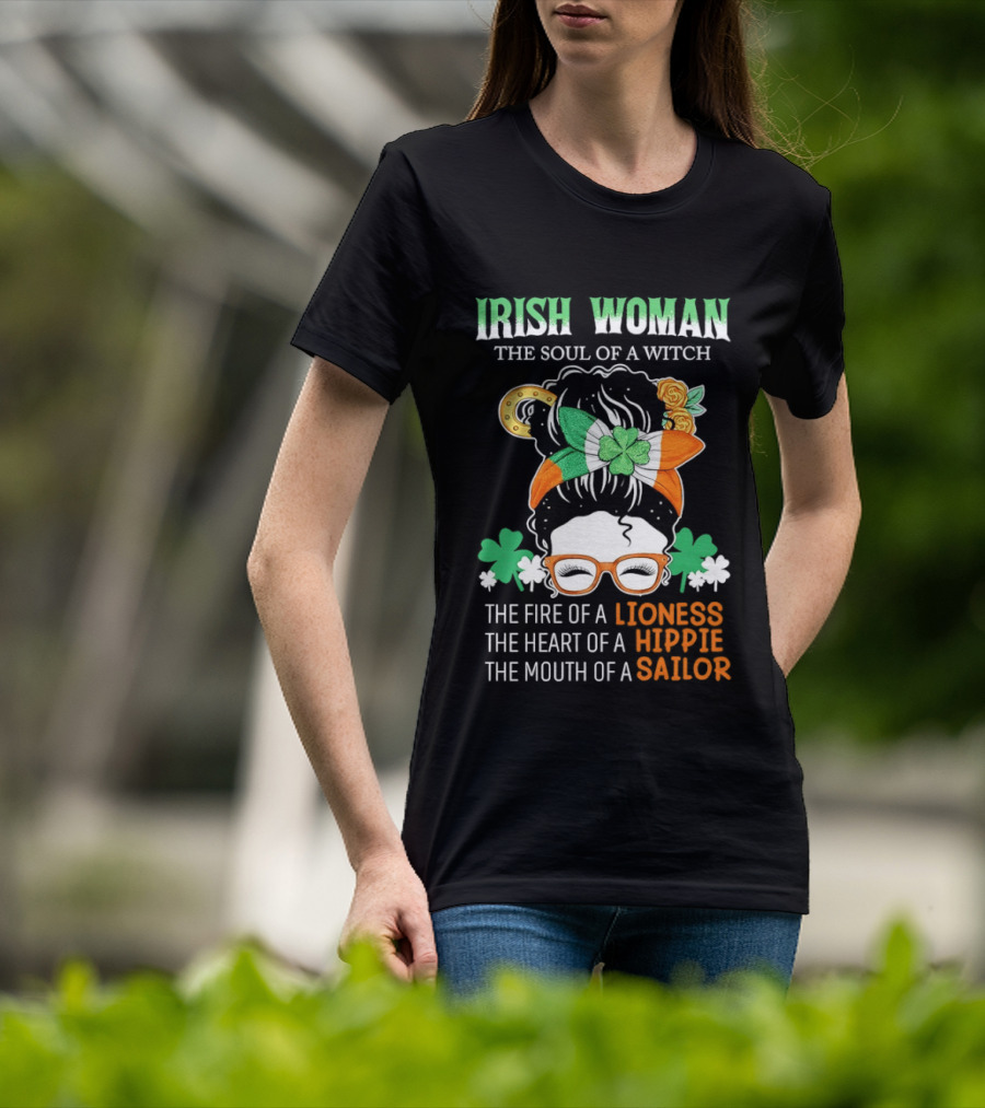 Irish Woman The Soul Of A Witch The Fire Of A Lioness The Heart Of A Hippie The Mouth Of A Sailor Shamrock Glasses Bandana T-Shirt