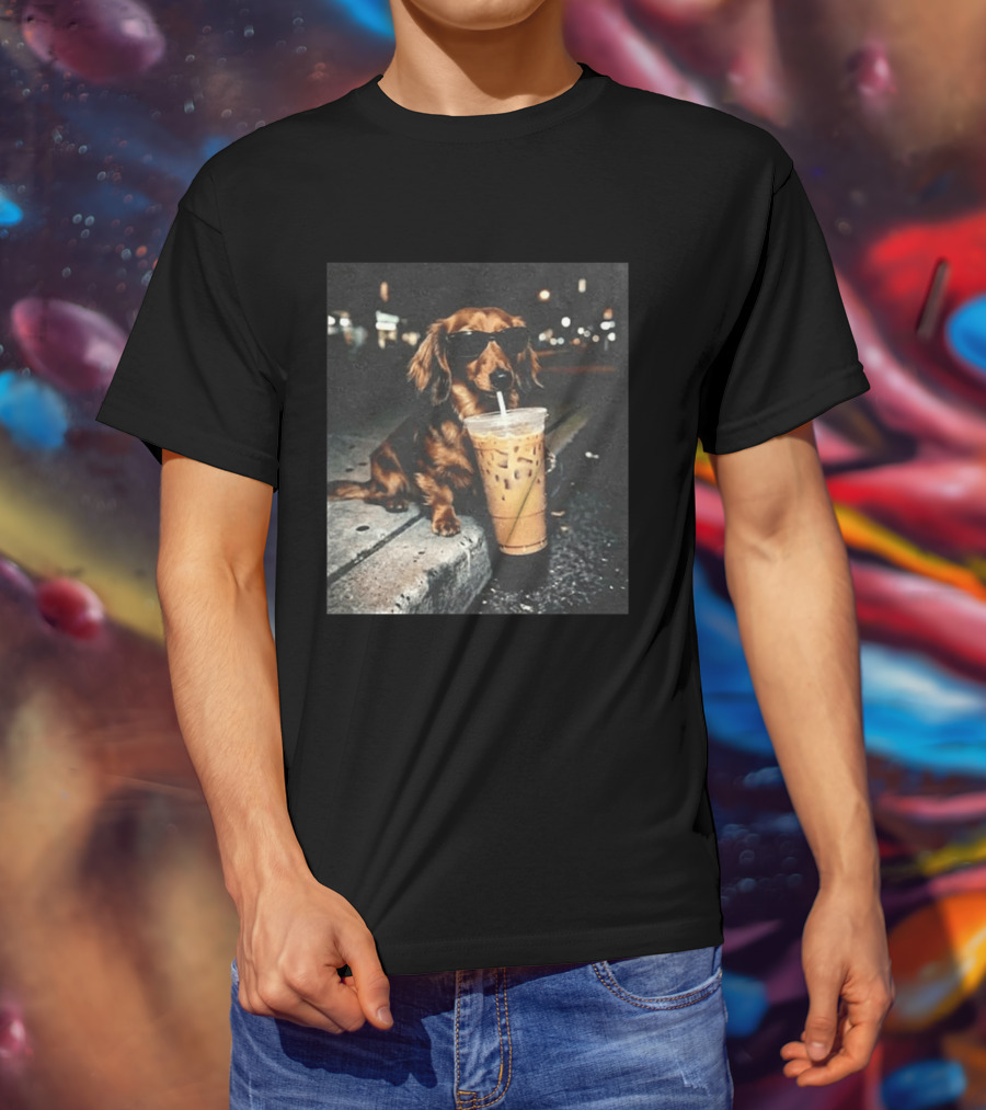 Dachshund Enjoying Iced Coffee With Sunglasses T-Shirt