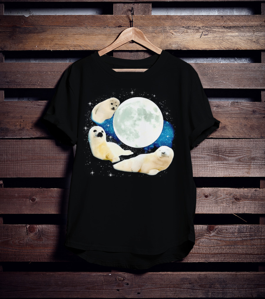 Adorable Seals Playfully Resting Under A Radiant Full Moonlit Sky With Cosmic Backdrop T-Shirt