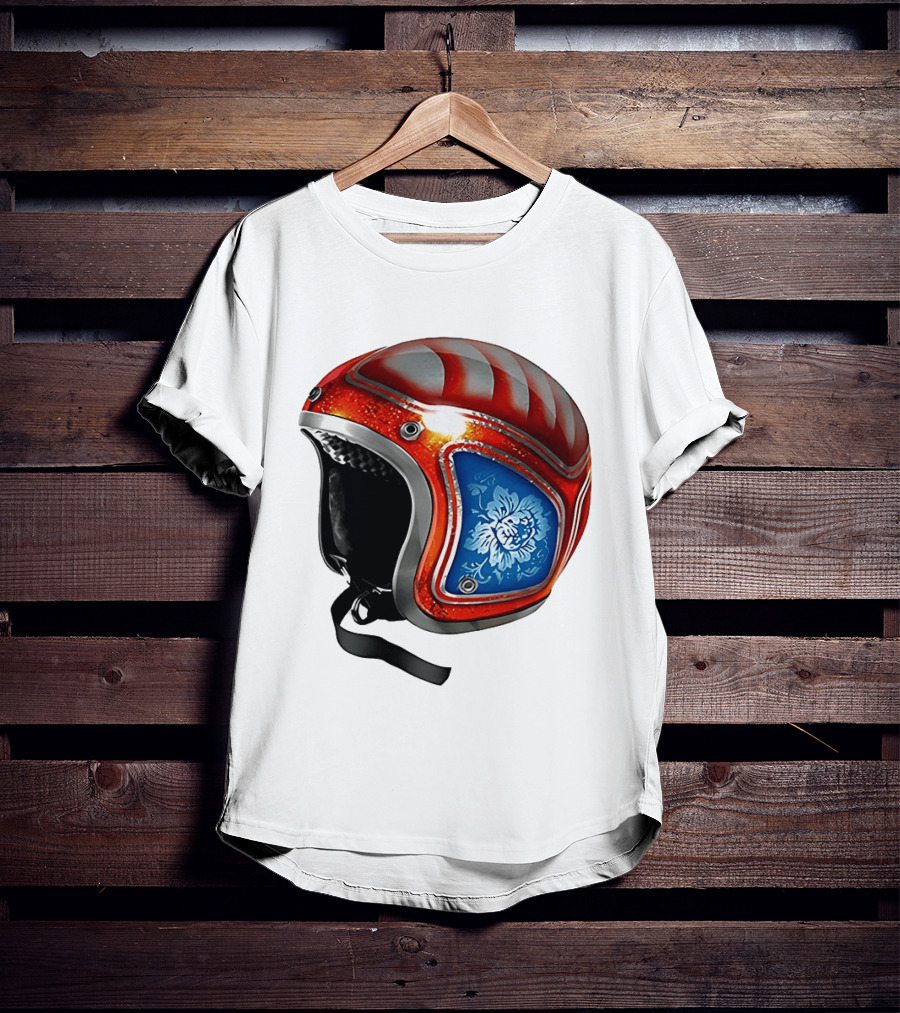 Blue Bloom Racer Helmet Red White Stripes Floral Blossom T-Shirt