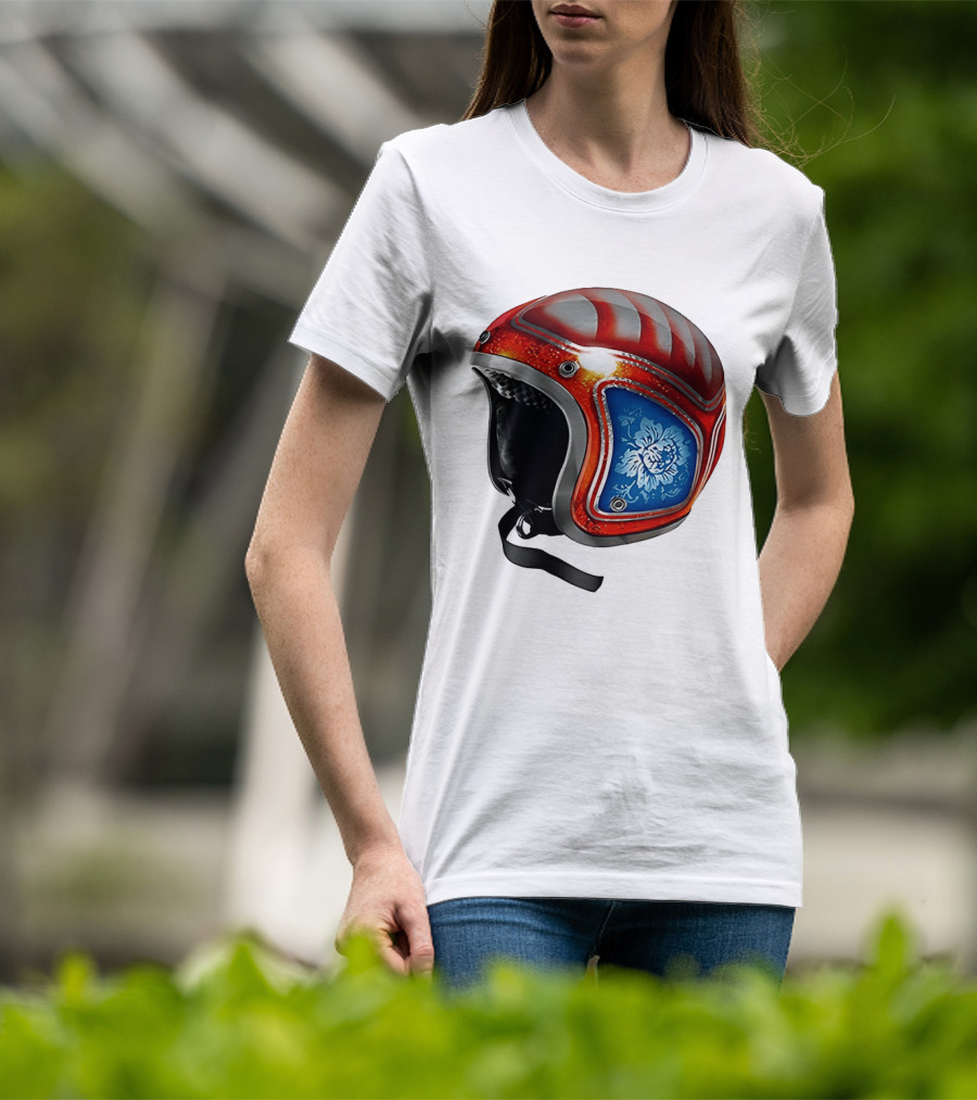 Blue Bloom Racer Helmet Red White Stripes Floral Blossom T-Shirt