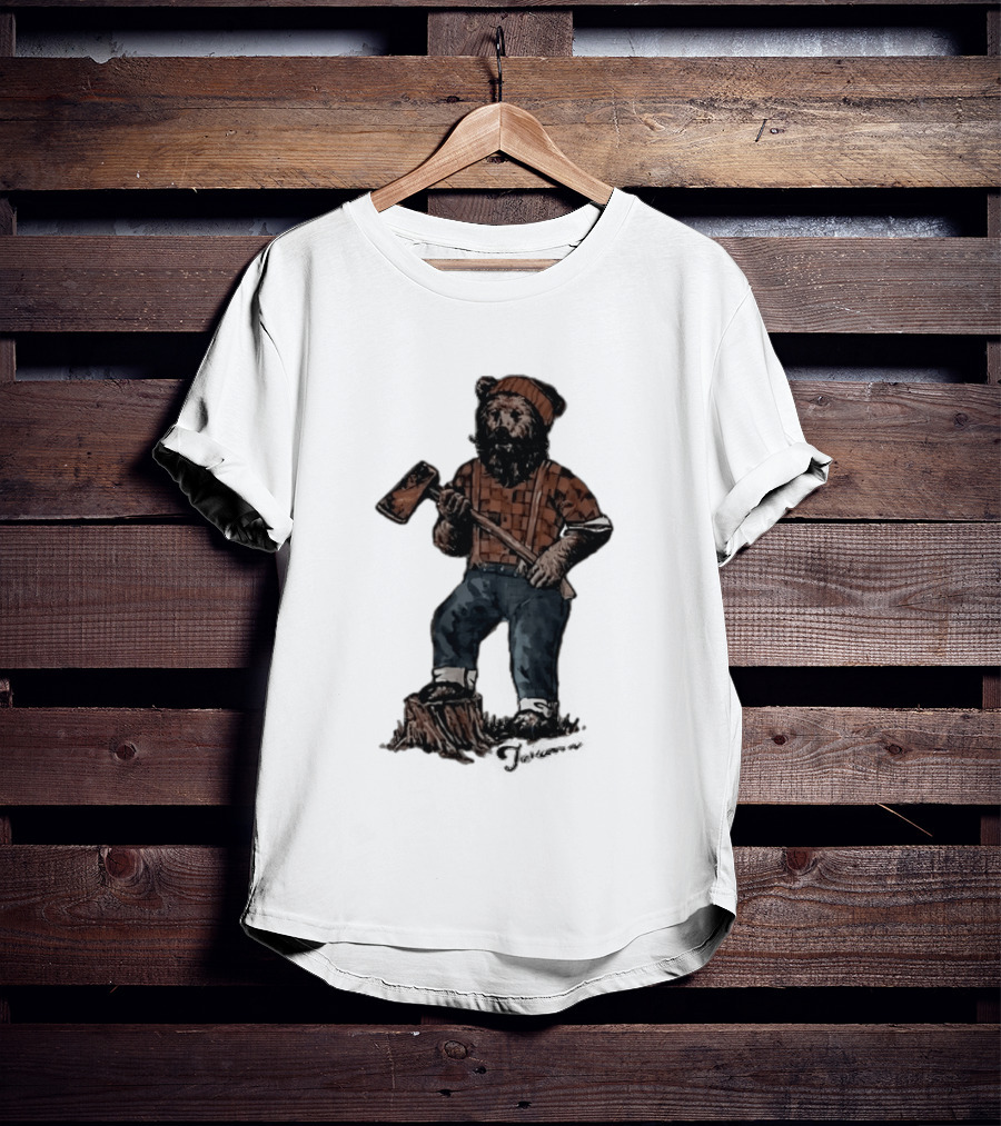 Lumberjack Bear Holding Axe Plaid Denim Jeans Beanie T-Shirt
