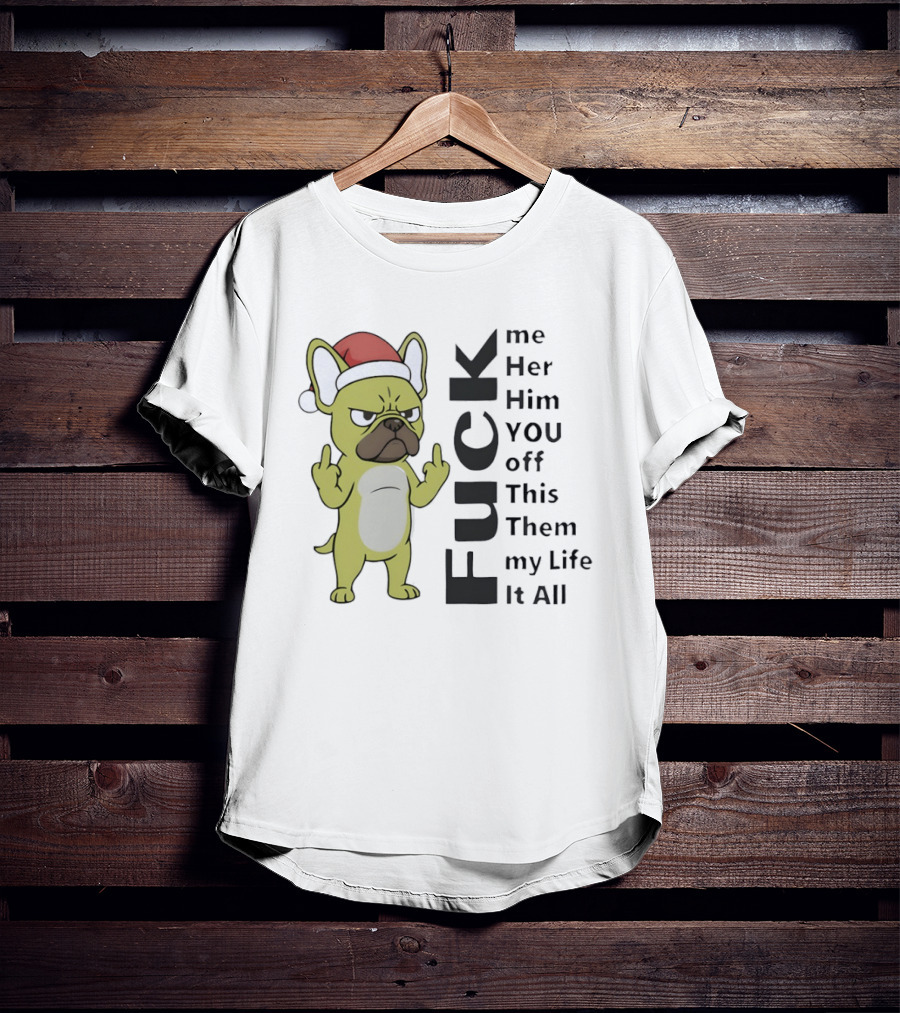 Pug Dog Middle Finger Santa Hat Funny Rude Holiday Expression T-Shirt