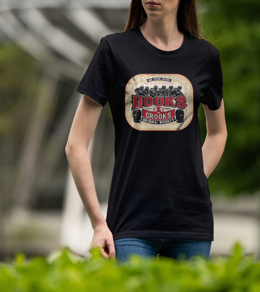 Side Action Apparel Traditional Hooks Crooks Original Whiskey 100 Proof T-Shirt