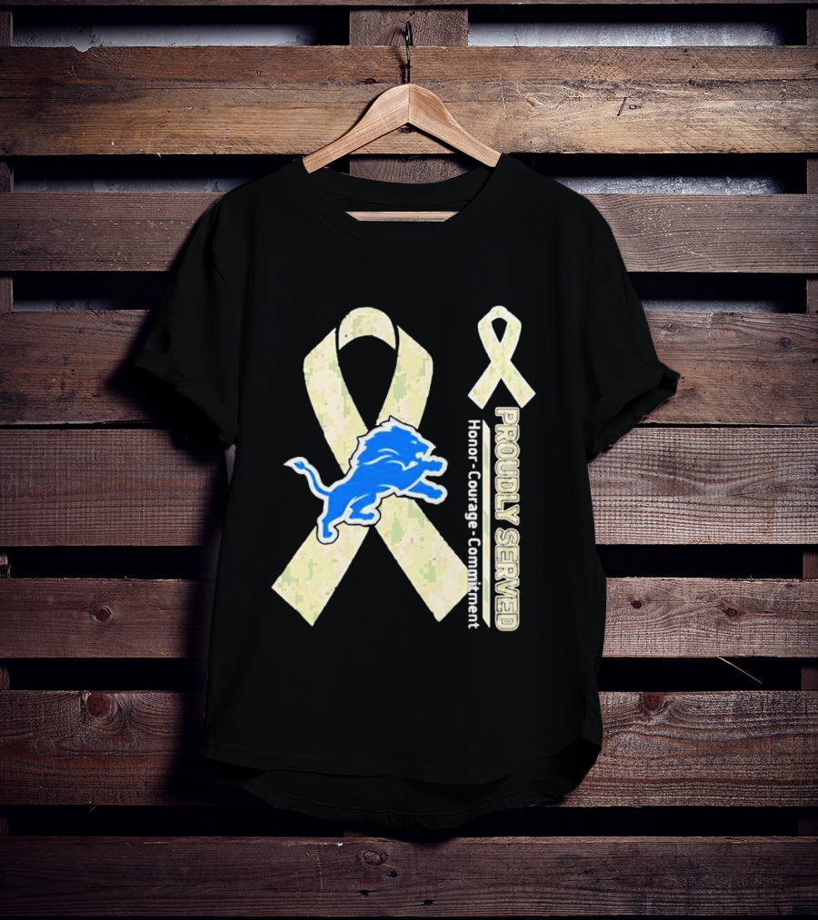 Detroit Lions Camo Ribbon Proudly Served Honor Courage Commitment T-Shirt