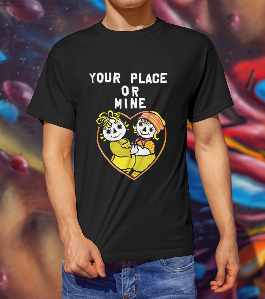 Your Place Or Mine Romantic Cartoon Couple In Heart T-Shirt