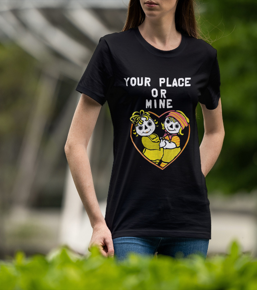 Your Place Or Mine Romantic Cartoon Couple In Heart T-Shirt