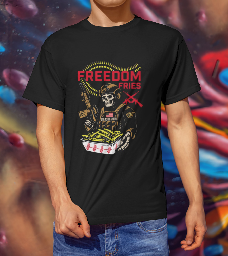 Freedom Fries Military Skeleton With USA Flag And Rifle T-Shirt