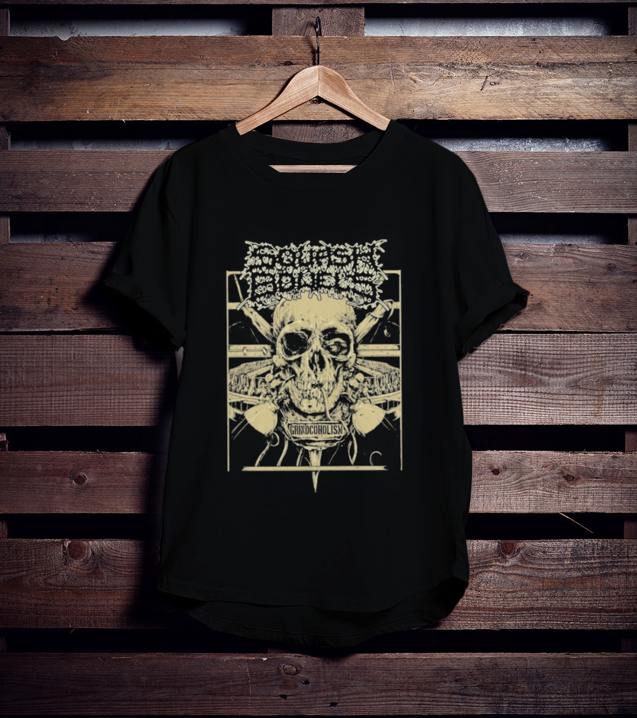 Squash Bowels Grindcoholism Skull With Crossbones And Spine T-Shirt