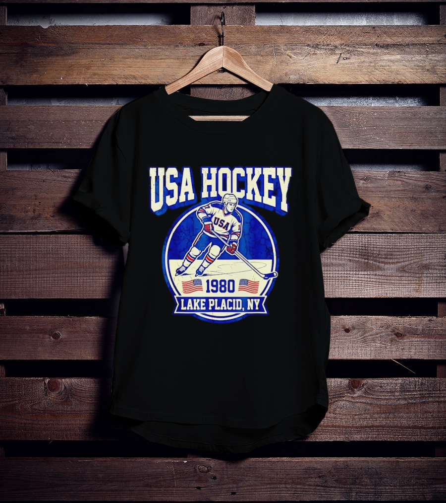 USA Hockey 1980 Lake Placid NY American Flag Ice Skater T-Shirt