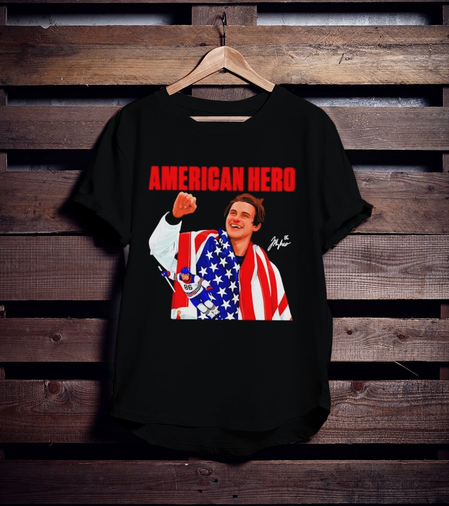 American Hero Jack Hughes USA Flag Hockey T-Shirt