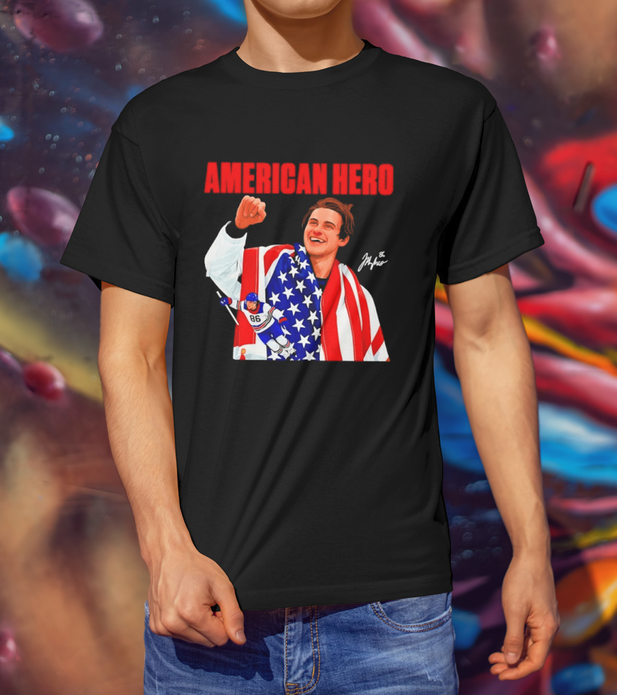 American Hero Jack Hughes USA Flag Hockey T-Shirt
