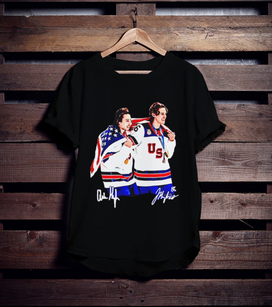 USA Hockey Golden Jack Hughes Jack Quinn American Flag Celebration T-Shirt