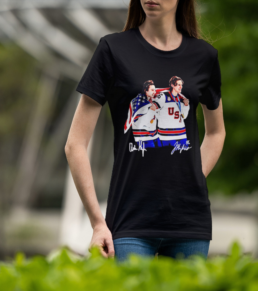 USA Hockey Golden Jack Hughes Jack Quinn American Flag Celebration T-Shirt