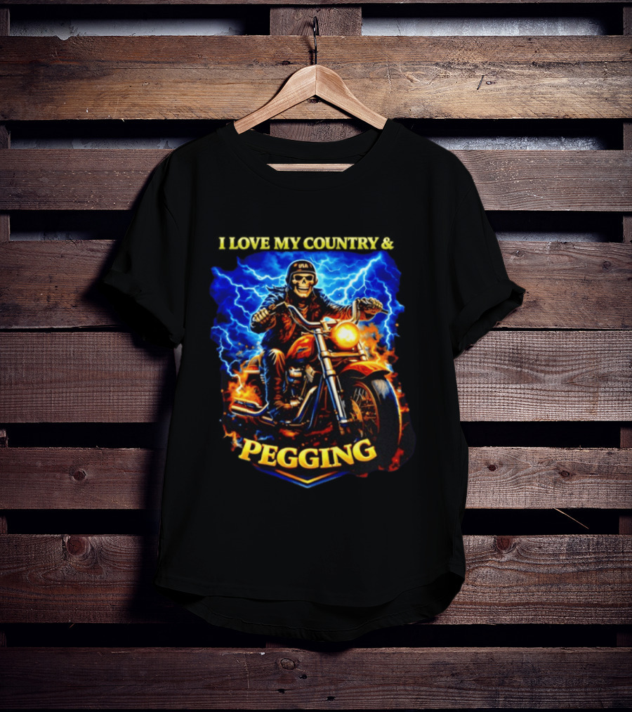 Skeleton USA Biker Riding Motorcycle I Love My Country Pegging T-Shirt