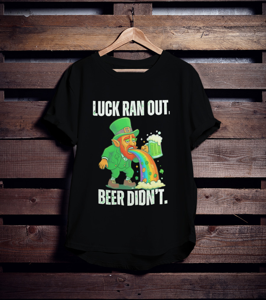Leprechaun Drinking Beer Vomiting Rainbow Luck Ran Out St. Patrick's Day T-Shirt