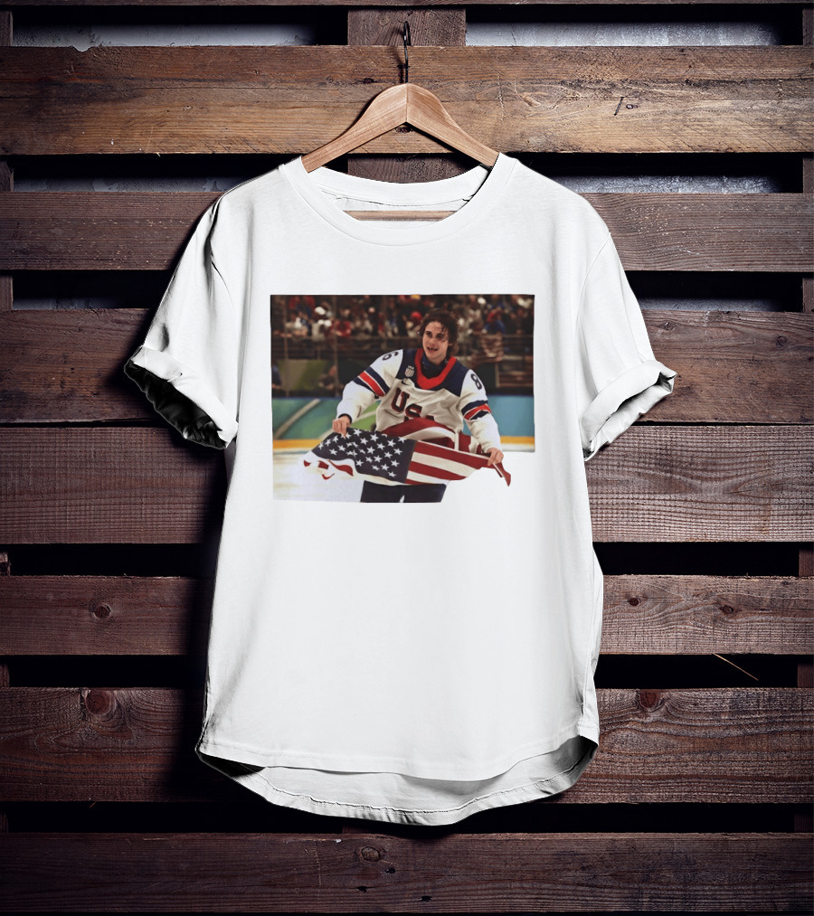 USA Hockey Jack Hughes American Flag Celebration T-Shirt