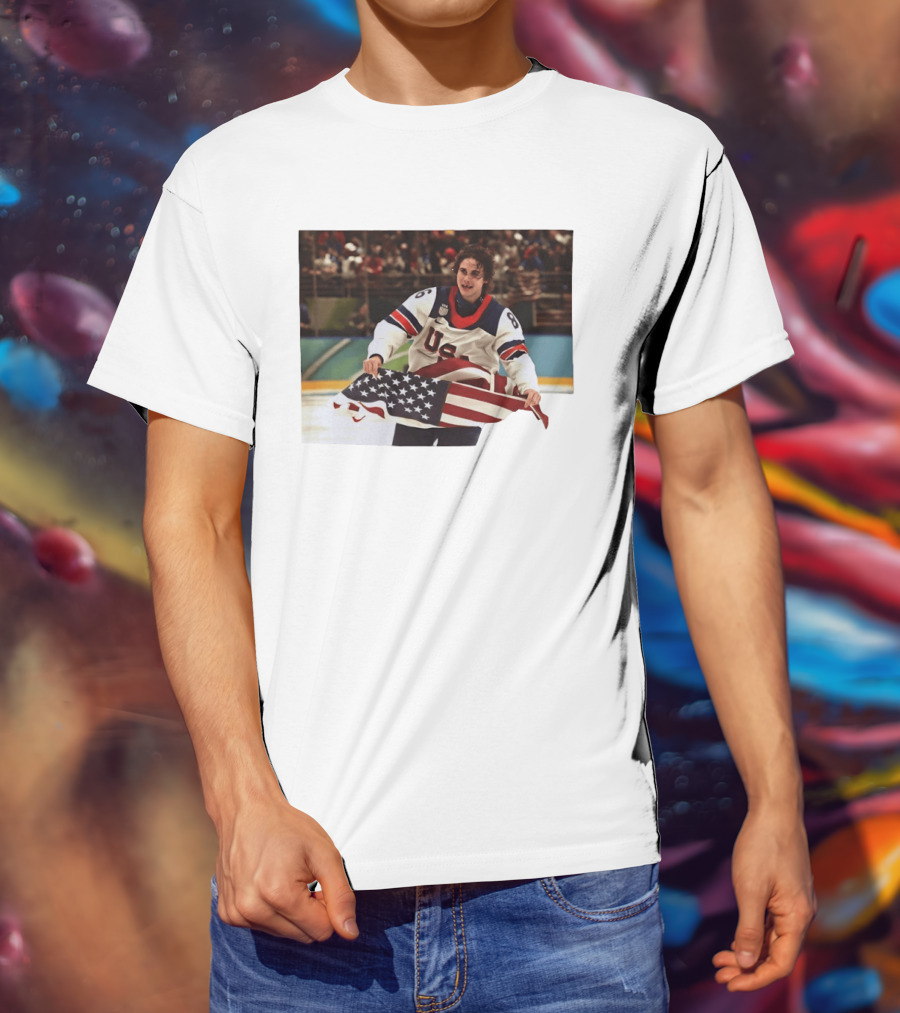 USA Hockey Jack Hughes American Flag Celebration T-Shirt