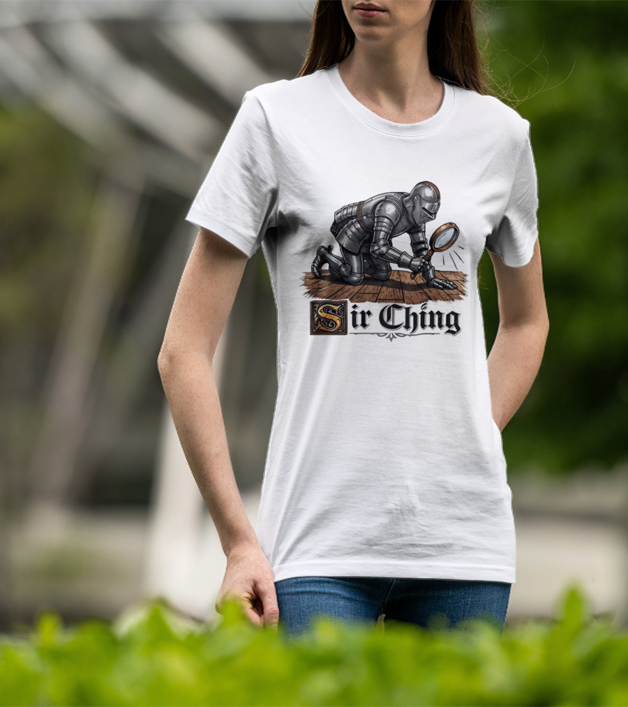Sir Ching Medieval Knight With Magnifying Glass On Wooden Floor T-Shirt