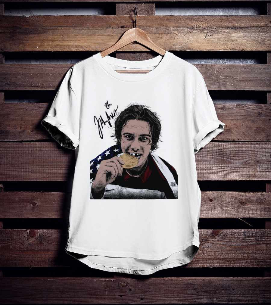 USA Hockey Jack Hughes Gold Medal Bite American Flag T-Shirt