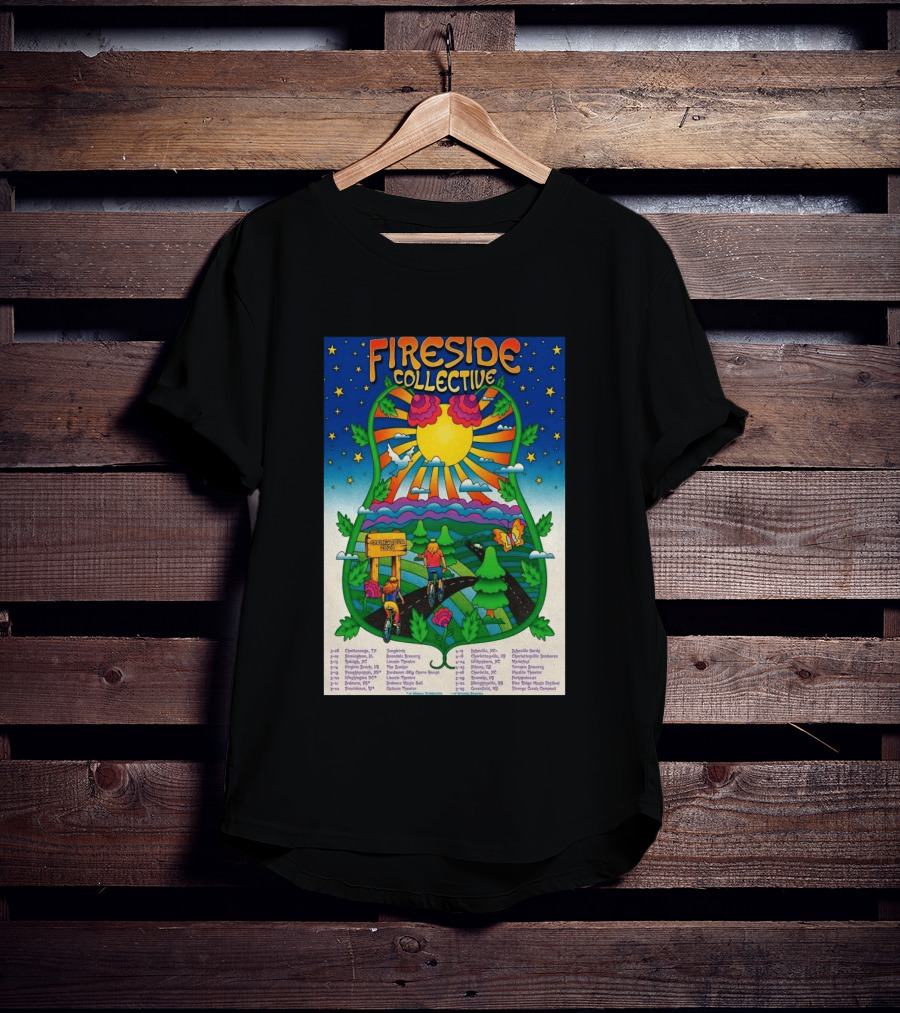 Fireside Collective Spring Tour 2026 Vibrant Cycling Adventure In Scenic Nature Landscape With Sunburst And Stars T-Shirt