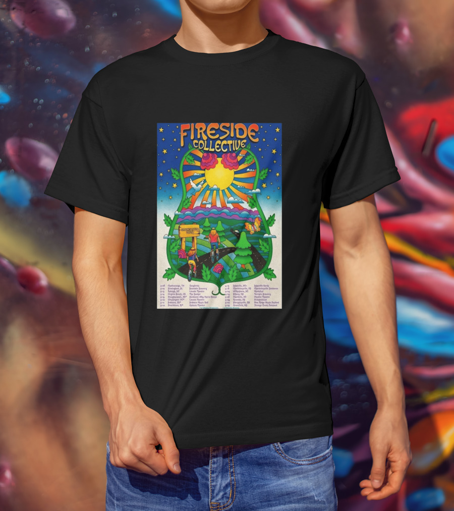 Fireside Collective Spring Tour 2026 Vibrant Cycling Adventure In Scenic Nature Landscape With Sunburst And Stars T-Shirt