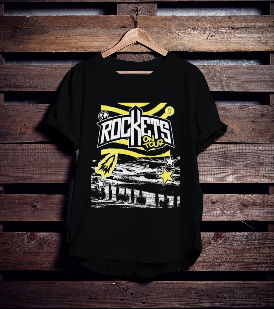 Rockets On Tour Yellow Stars Rocketship Waves Planet T-Shirt