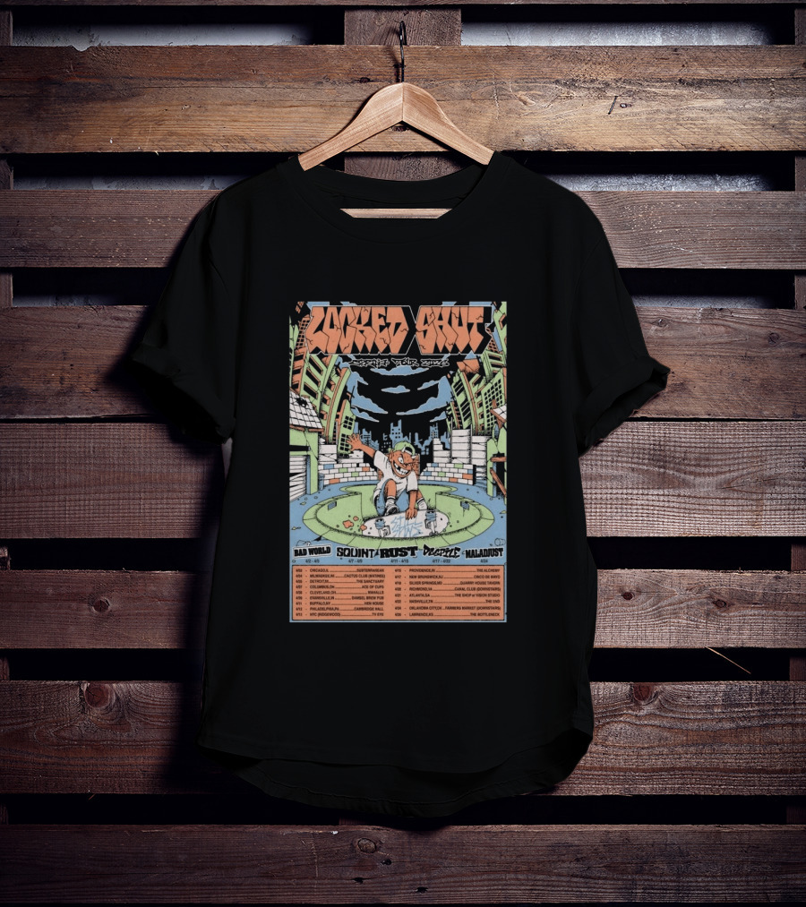 LOCKED SHUT Tour Spring 2026 Skateboarder Urban Scene Bad World Squint Rust Deplete Maladjust Dates T-Shirt