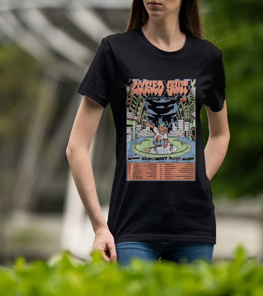 LOCKED SHUT Tour Spring 2026 Skateboarder Urban Scene Bad World Squint Rust Deplete Maladjust Dates T-Shirt