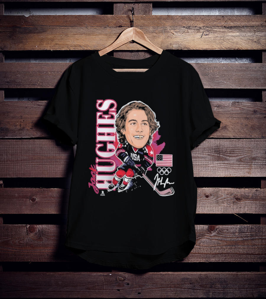 USA Hockey Jack Hughes Olympic Gold Medal Caricature With American Flag And Signature T-Shirt