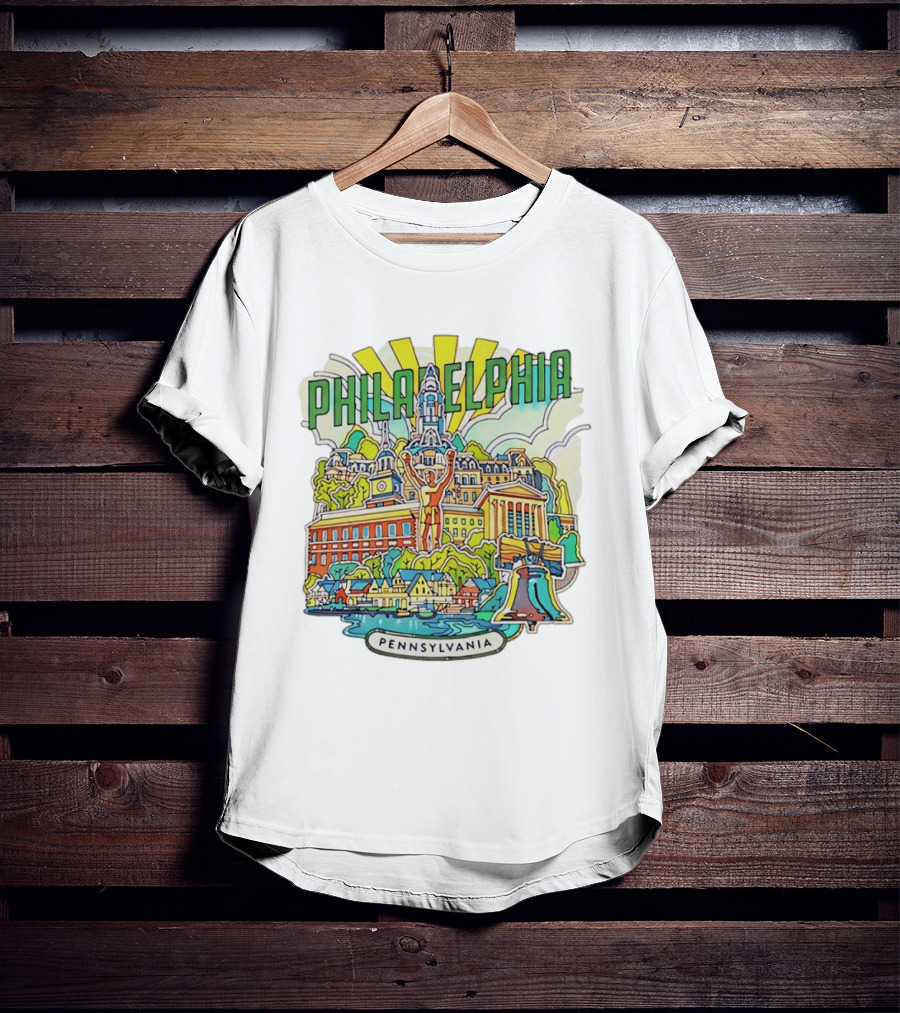 Philadelphia Pennsylvania Skyline Landmark Icons Liberty Bell Art Deco T-Shirt
