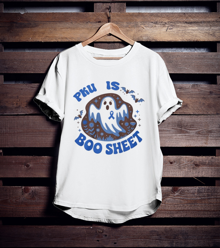 PKU Is Boo Sheet Blue Ribbon Ghost And Bat Halloween T-Shirt