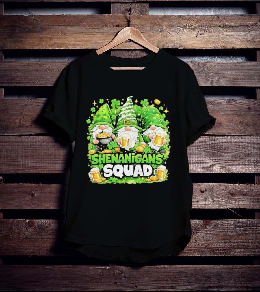 Shenanigans Squad St Patrick's Day Irish Gnomes Beer S And Clover Coins T-Shirt