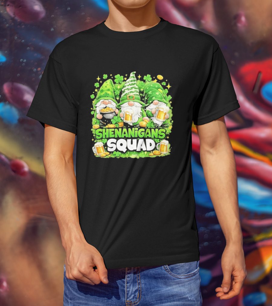Shenanigans Squad St Patrick's Day Irish Gnomes Beer S And Clover Coins T-Shirt