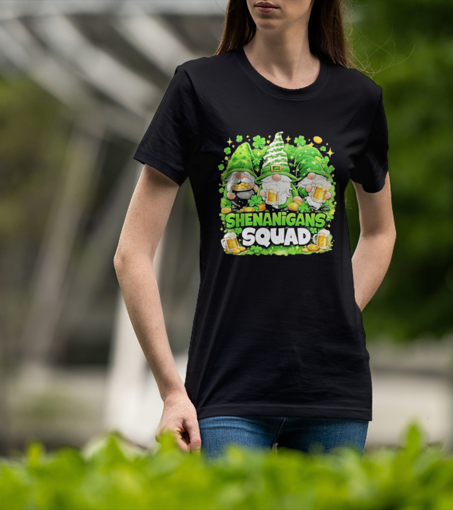 Shenanigans Squad St Patrick's Day Irish Gnomes Beer S And Clover Coins T-Shirt