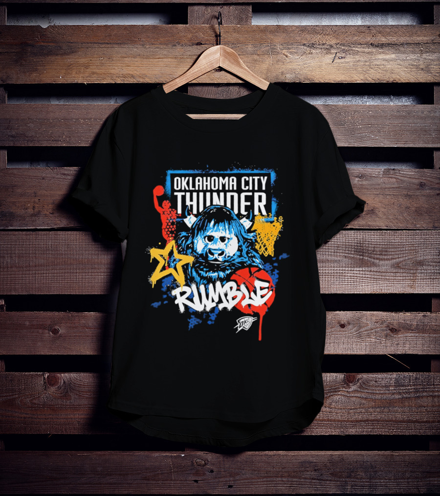 Oklahoma City Thunder Rumble Mascot Art With Stars And Paint Splatters T-Shirt
