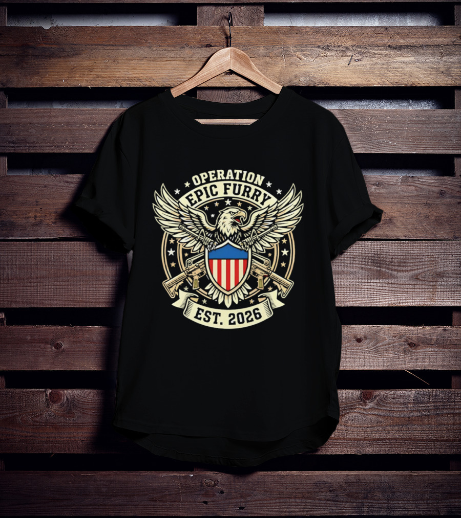 Operation Epic Furry Eagle Emblem Est 2026 Stars And Stripes Shield T-Shirt
